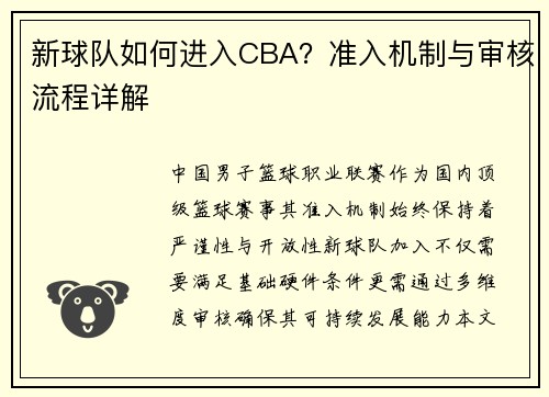 新球队如何进入CBA？准入机制与审核流程详解